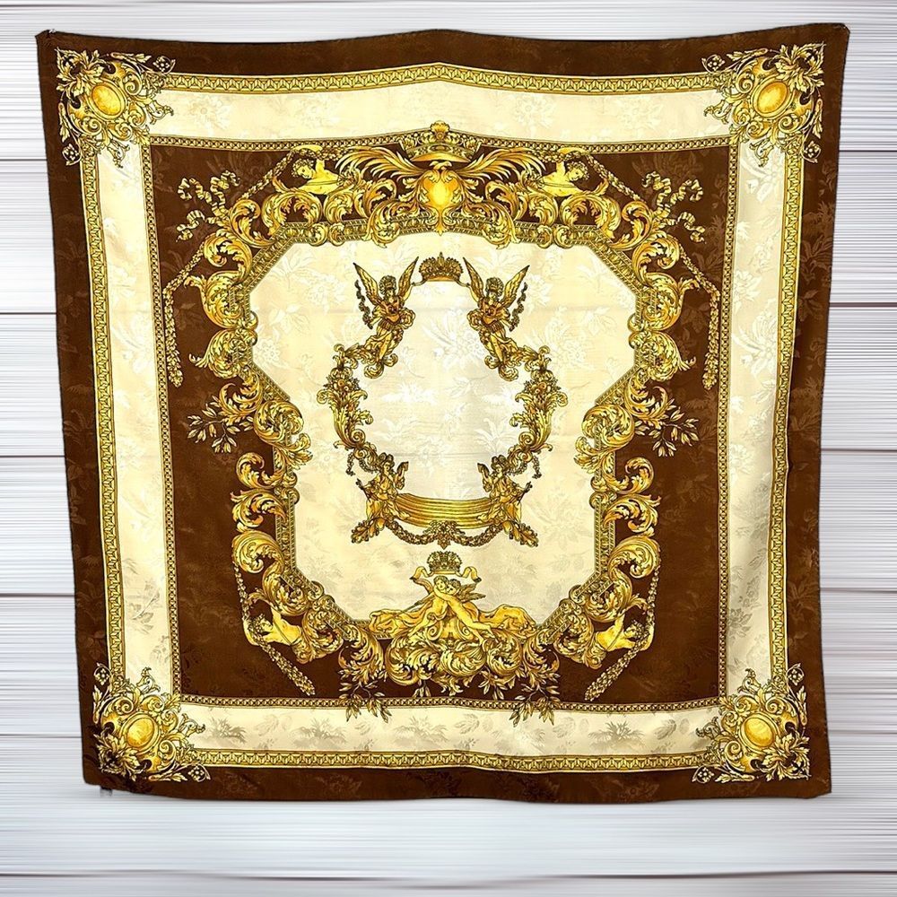 Silk Square Scarf Italy Brown Gold Cream Baroque